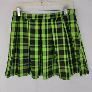 HOT TOPIC Juniors Skirt Sz SMALL Plaid Pleated Mini School Neon Green Black Goth
